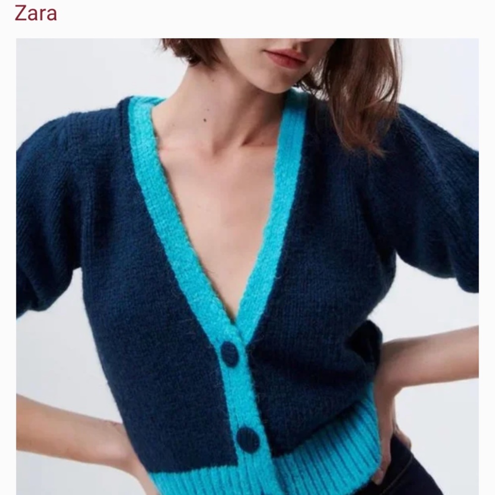 Zara Blue Colorblock Cropped Cardigan